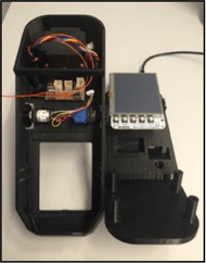 Figures 8 and 9: On the left is a top view image of the assembled MEBotv2.0 User Interface with Home Screen.  The home screen contains a black CAD model of the MEBotv2.0 with a blue background.  This image shows the joystick, mode select switch, potentiometer, and connecting bolts as viewed when looking down at the interface. On the right is an image of the inside of the assembly showing the LCD screen, microcontroller, potentiometer, mode select switch, and joystick. 