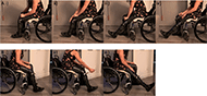 The first part of the figure shows an user extend her leg without the new mechanism. There are four steps needed. The second part of the figure shows the same user using the new mechanism. Only three steps are needed.