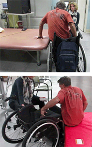 . Participant performing a level transfer (wheelchair to mat table, top) and performing a nonlevel transfer (mats on floor to wheelchair, bottom). In the top picture, a study participant is transferring from a wheelchair to a height adjustable mat table. The mat table is level to the height of the wheelchair. The left hand is on the mat table, the right hand is on wheelchair cushion, and the body is lifted and slightly rotated towards the mat table. In the bottom picture, the participant is performing a transfer from two mats (stacked on top of each another) on the floor to the wheelchair. The participant is seated on the mat, with the right hand on the mat and the left hand on the wheelchair cushion. The participant is preparing to lift the body and initiate the non-level transfer.