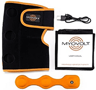 This figure shows a MyoVoltTM vibration device along with the accessories that come with it. This figure shows the charging cable on the top left, user manual below the charging cable, and beside the charging cable and user manual, on the right, is the strap that can be used to strap the device on required body part. The MyoVoltTM vibration device is below the manual and strap.