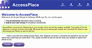 Figure 1. is a screenshot of the AccessPlace home page. The page contains a disclaimer stating that the web-app is new and may not have many reviews available and brief instructions on how to create an account.  