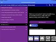 A screenshot of the main AccessTool assessment user interface is displayed in order to highlight the 10 main elements of the assessment. These elements include Parking & Exterior Signage, Main Entrance/Exterior Doorway(s), Other Entrance(s)/Emergency Exit(s), Reception & General Information, Indoor Routes, Stairs & Elevator(s), Seating, Restroom(s), Other Interior Doorway(s), and Specialty Features (Restaurants). 