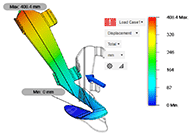 : the 3 figures represent a Finite Element Model analysis of the orthosis with 6mm thickness of the plate. A force is applied at the center of the shank pointing forward. The maximum deformation occurs at the top of the shank support. From right to left orthosis are made of ABS plastic with maximum deformation of 408.4mm, LCP plastic with maximum deformation of 64.34mm, Acetal Resin with maximum deformation of 315.1mm,