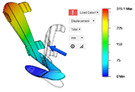 : the 3 figures represent a Finite Element Model analysis of the orthosis with 6mm thickness of the plate. A force is applied at the center of the shank pointing forward. The maximum deformation occurs at the top of the shank support. From right to left orthosis are made of ABS plastic with maximum deformation of 408.4mm, LCP plastic with maximum deformation of 64.34mm, Acetal Resin with maximum deformation of 315.1mm,