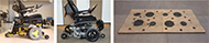 Figure 1 showed three images from Left to right of two types of power wheelchair suspensions and the driving task that participants will perform with these suspensions. The left image showed a yellow power wheelchair with a suspension consisted of pneumatic actuators. The image in the centers displays a grey power wheelchair with a suspension consisted of electro-hydraulic actuators with springs in series. The right image shows a series of man-made pothole along 4 feet by 8 feet path.