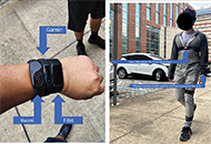  The image on the left shows three of the wearables used during the protocol. In order from the most distal (closest to the wrist) is Fitbit, then Garmin in between, and finally Xiaomi (furthest from the wrist). This order was kept constant among participants. The image on the right shows a student performing the six-minute walk test while also wearing the fourth set of wearables, the Xsens DOT around his chest, left thigh, left shin, and left arm superior to the Xiaomi. 